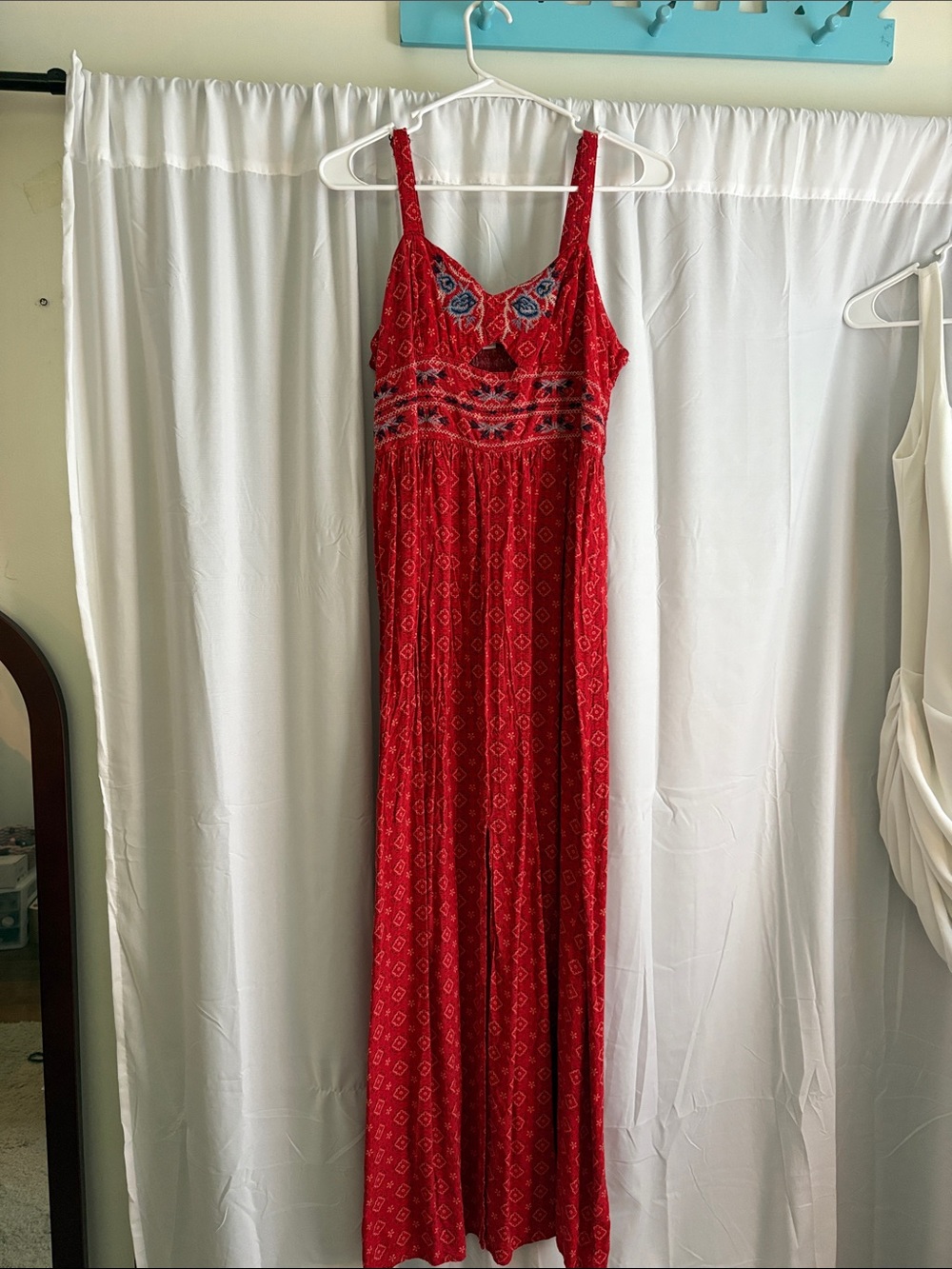 Xhilaration Red Embroidered Maxi Dress with Blue Accents